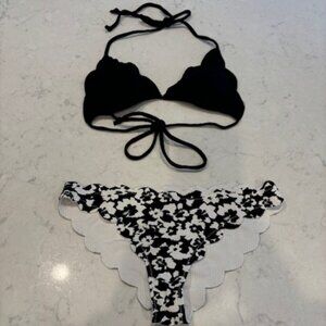 Marysia Swim XS Triangle Solid Black Top & Black/White Print Bottom